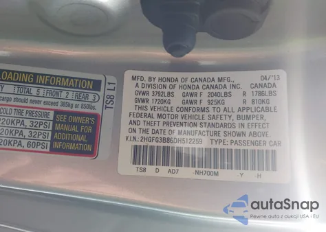 2013 Honda Civic Ex z USA, uszkodzony, nr VIN 2HGFG3B86DH512259